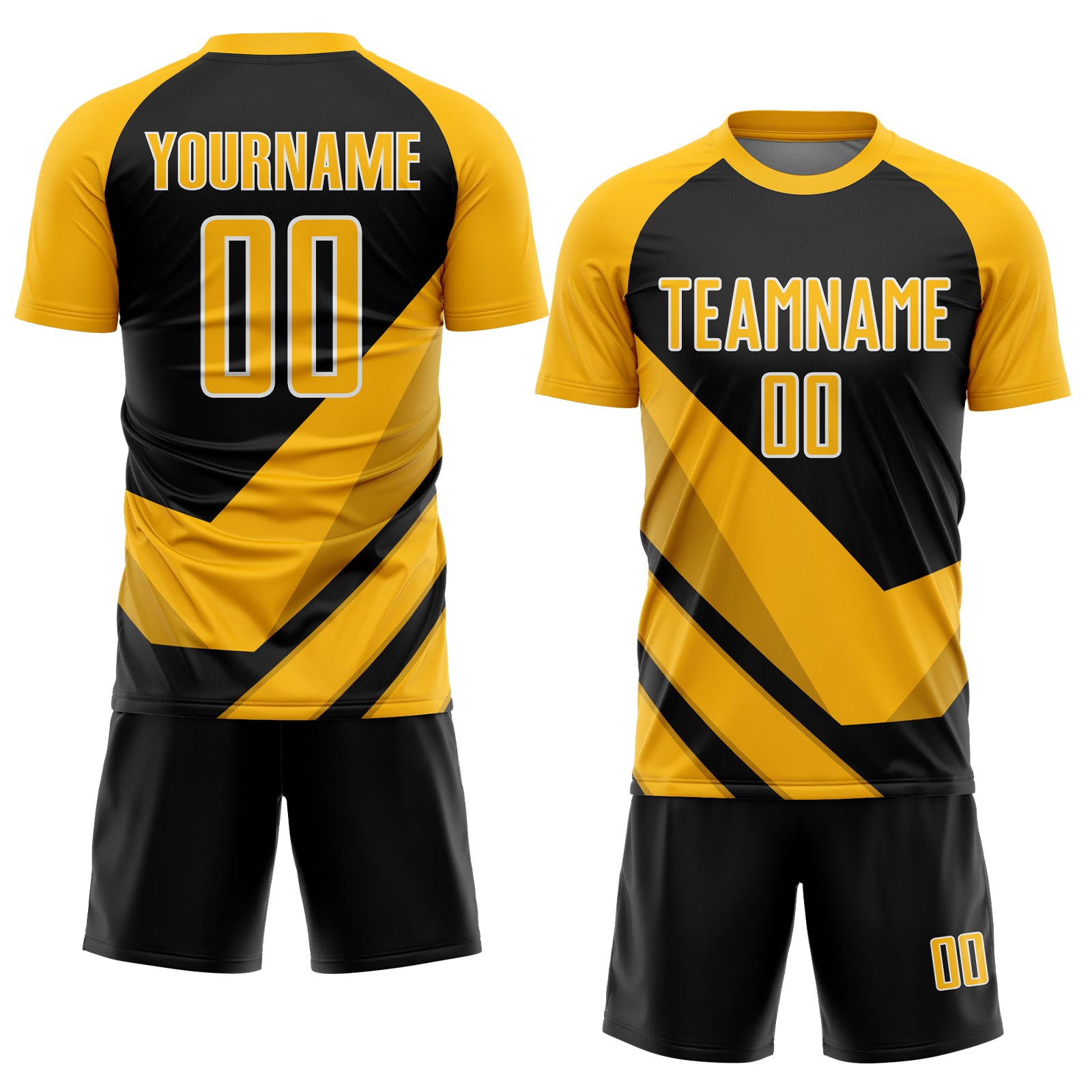 Personalized Gold Black-White Arrow Shapes Sublimation Soccer Uniform Jersey Team Custom Name and Number Custom Soccer Jersey with Personalized Name and Number, Gold Black-White Arrow Shapes Design Personalized Gold Black-White - Image 2
