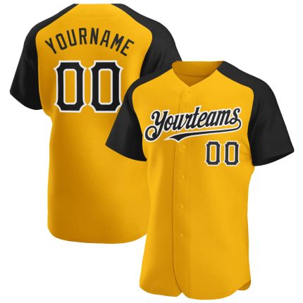 Custom Gold Black-White Baseball Jersey with Personalized Name and Number - Authentic Raglan Sleeves Team Apparel Personalized