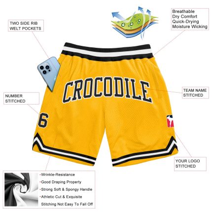 Personalized Gold Black-White Authentic Basketball Shorts for Men Personalized Gold Black-White Authentic Throwback Basketball