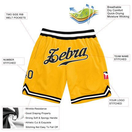 Custom Name Number Black White Gold Throwback Basketball Shorts - Personalized Team Apparel Personalized Gold Black-White