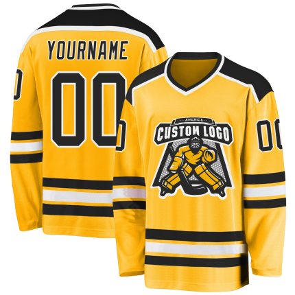 Custom Name and Number Personalized Hockey Jersey in Gold and Black-White Design Personalized Gold Black-White Hockey Jersey