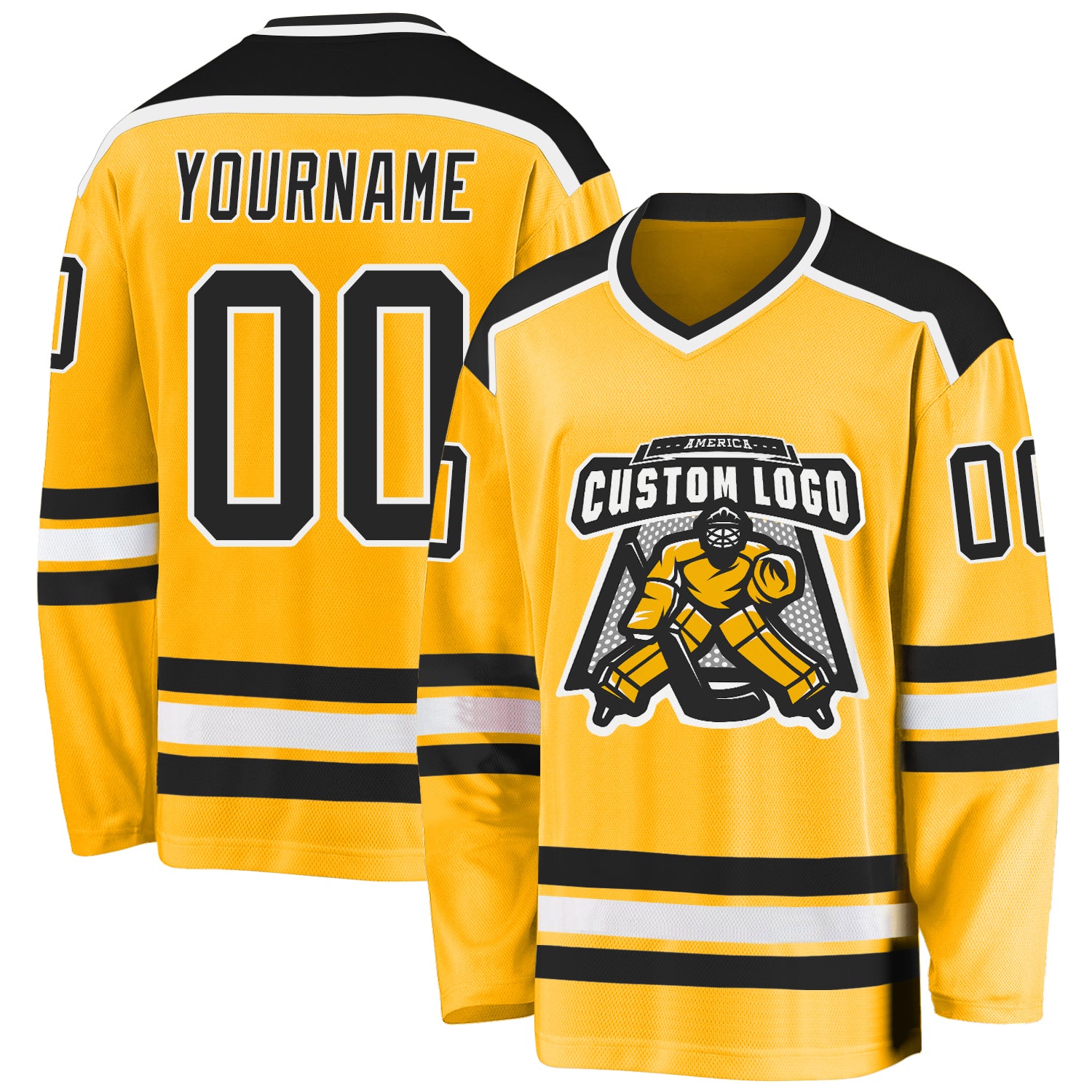 Custom Name and Number Personalized Hockey Jersey in Gold and Black-White Design Personalized Gold Black-White Hockey Jersey
