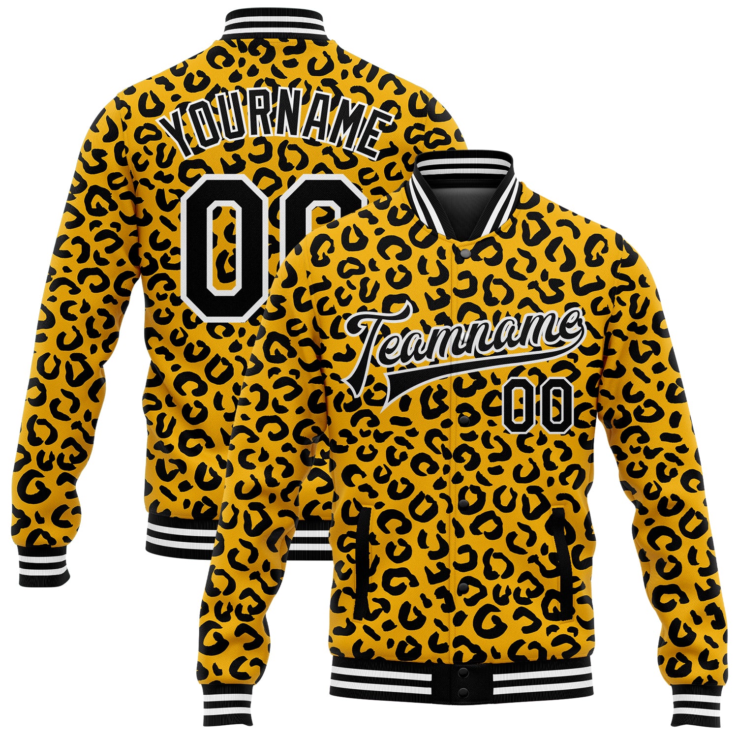 Custom Name Number Varsity Bomber Jacket 3D Leopard Print Black White Gold Full-Snap Design for Team Sports Personalized