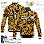 Custom Name Number Varsity Bomber Jacket 3D Leopard Print Black White Gold Full-Snap Design for Team Sports Personalized