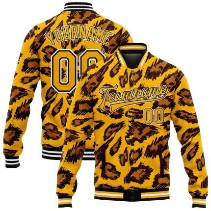 Personalized Leopard Print 3D Pattern Gold Black Varsity Bomber Full-Snap Jacket Personalized Gold Black-White Leopard Print