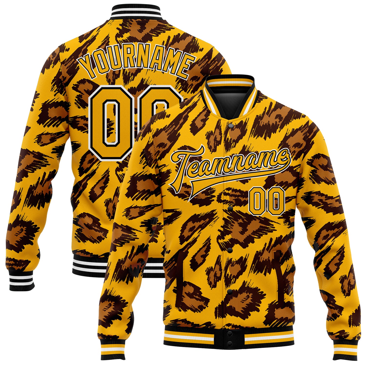 Personalized Leopard Print 3D Pattern Gold Black Varsity Bomber Full-Snap Jacket Personalized Gold Black-White Leopard Print