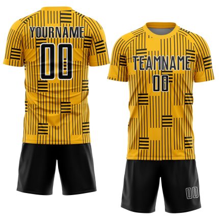 Custom Name and Number Sublimation Soccer Jersey - Personalized Gold Black-White Lines Team Uniform Personalized Gold Black-White