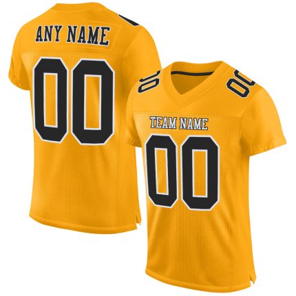Custom Black-White Gold Mesh Football Jersey | Authentic Personalized Sports Apparel Personalized Gold Black-White Mesh Authentic