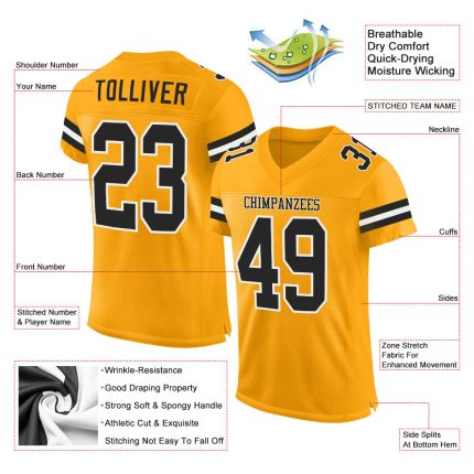 Custom Team Jersey with Personalized Name & Number, Black-White Gold Mesh Football Jersey Personalized Gold Black-White Mesh