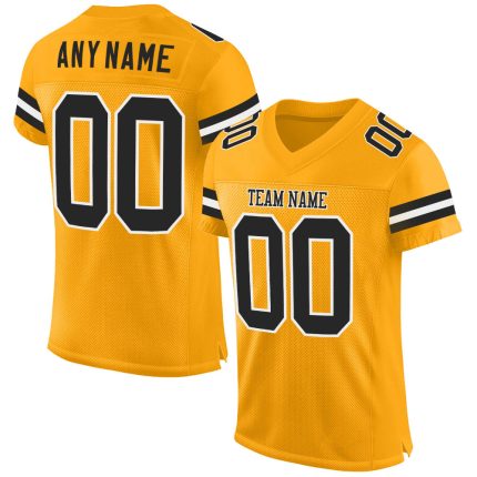 Custom Team Jersey with Personalized Name & Number, Black-White Gold Mesh Football Jersey Personalized Gold Black-White Mesh
