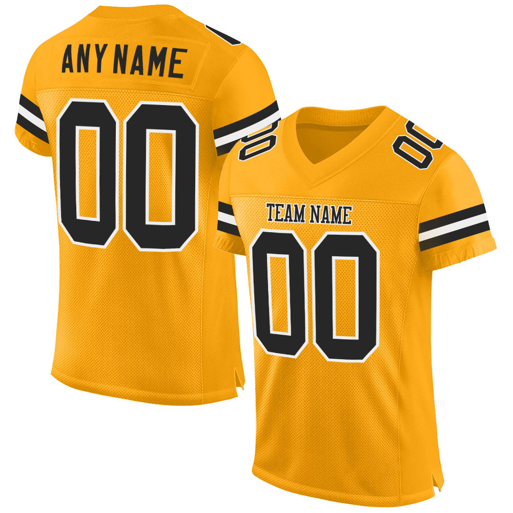 Custom Team Jersey with Personalized Name & Number, Black-White Gold Mesh Football Jersey Personalized Gold Black-White Mesh