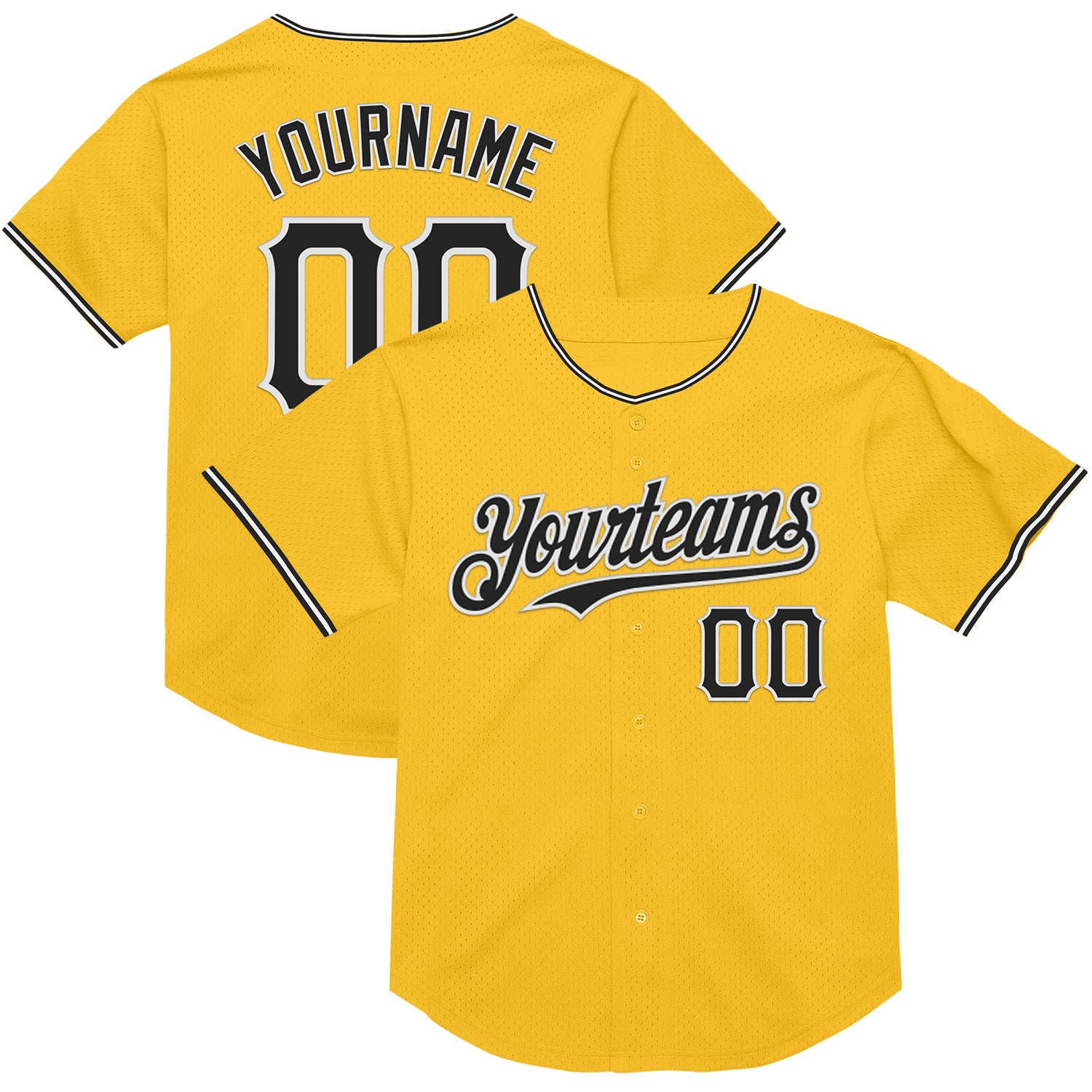Custom Name Number Baseball Jersey - Personalized Authentic Gold Black White Mesh Throwback Style Personalized Gold Black-White