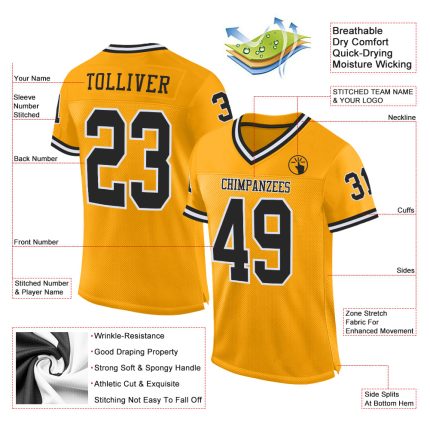 Custom Name and Number Personalized Gold Black White Mesh Football Jersey - Authentic Throwback Team Jersey Personalized