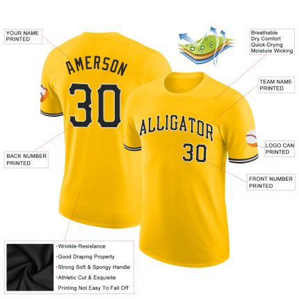 Custom Team Performance T-Shirt with Personalized Gold Black-White Design, Name & Number Personalized Gold Black-White Performance
