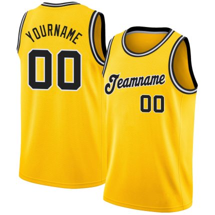 Custom Basketball Jersey with Personalized Name and Number, Gold Black-White Round Neck Rib-Knit Design Personalized Gold