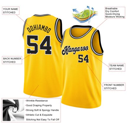 Custom Basketball Jersey with Personalized Name and Number, Gold Black-White Round Neck Rib-Knit Design Personalized Gold