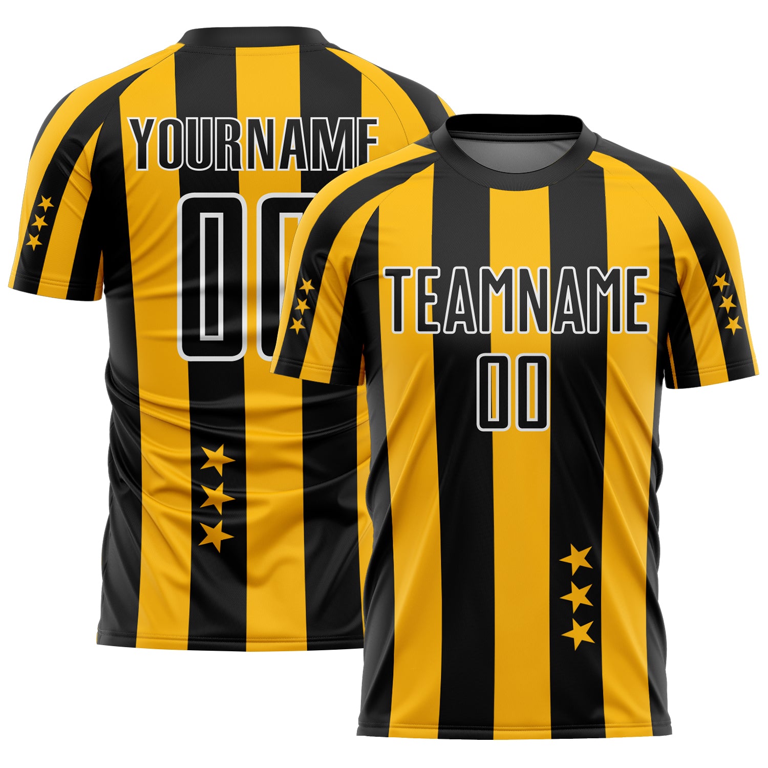 Custom Soccer Jersey with Personalized Name and Number, Gold Black-White Stars and Squares Design Personalized Gold Black-White