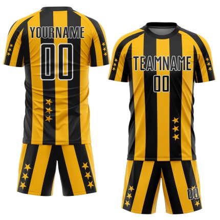 Custom Soccer Jersey with Personalized Name and Number, Gold Black-White Stars and Squares Design Personalized Gold Black-White