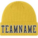 Custom Personalized Cuffed Knit Hat with Team Name and Number in Gold Black and White Stitched Design Personalized Gold Black-White