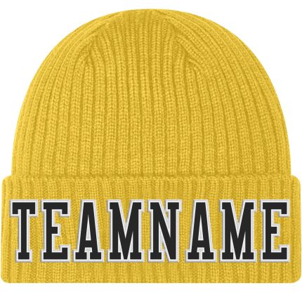 Custom Personalized Cuffed Knit Hat with Team Name and Number in Gold Black and White Stitched Design Personalized Gold Black-White