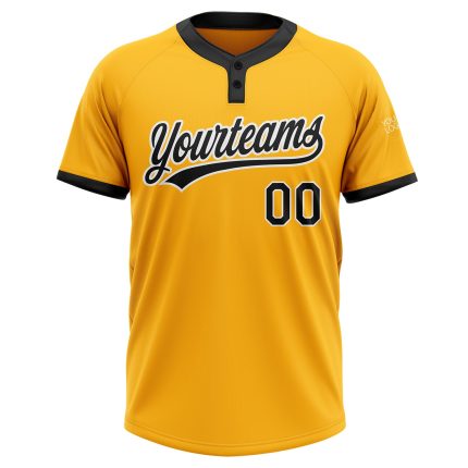 Custom Name and Number Personalized Gold Black-White Two-Button Unisex Softball Jersey Personalized Gold Black-White Two-Button