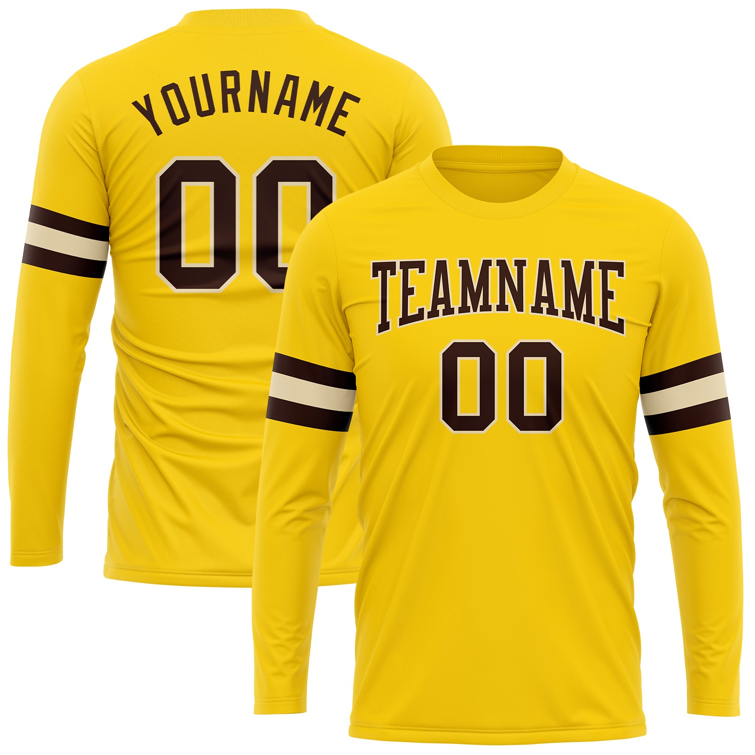 Custom Team Performance T-Shirt with Personalized Name and Number - Gold Brown-Cream Long Sleeve Personalized Gold Brown-Cream
