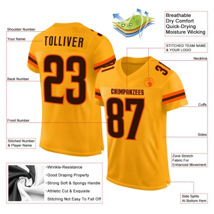 Personalized Gold Brown-Orange Mesh Football Jersey with Custom Name and Number - Authentic Team Apparel Personalized Gold