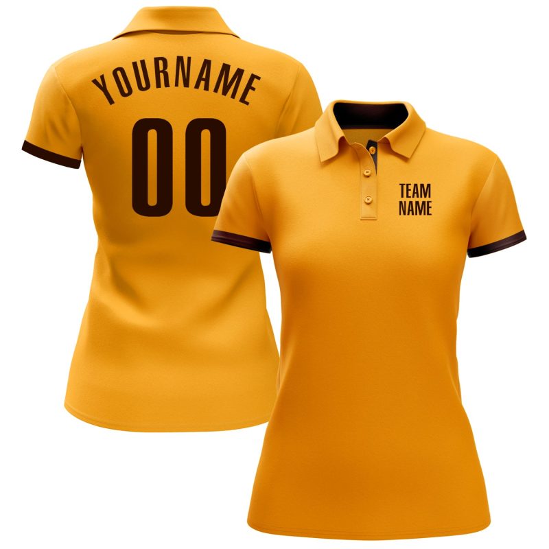 Custom Name Number Golf Polo Shirt for Team in Personalized Gold Brown Performance Personalized Gold Brown Performance Golf