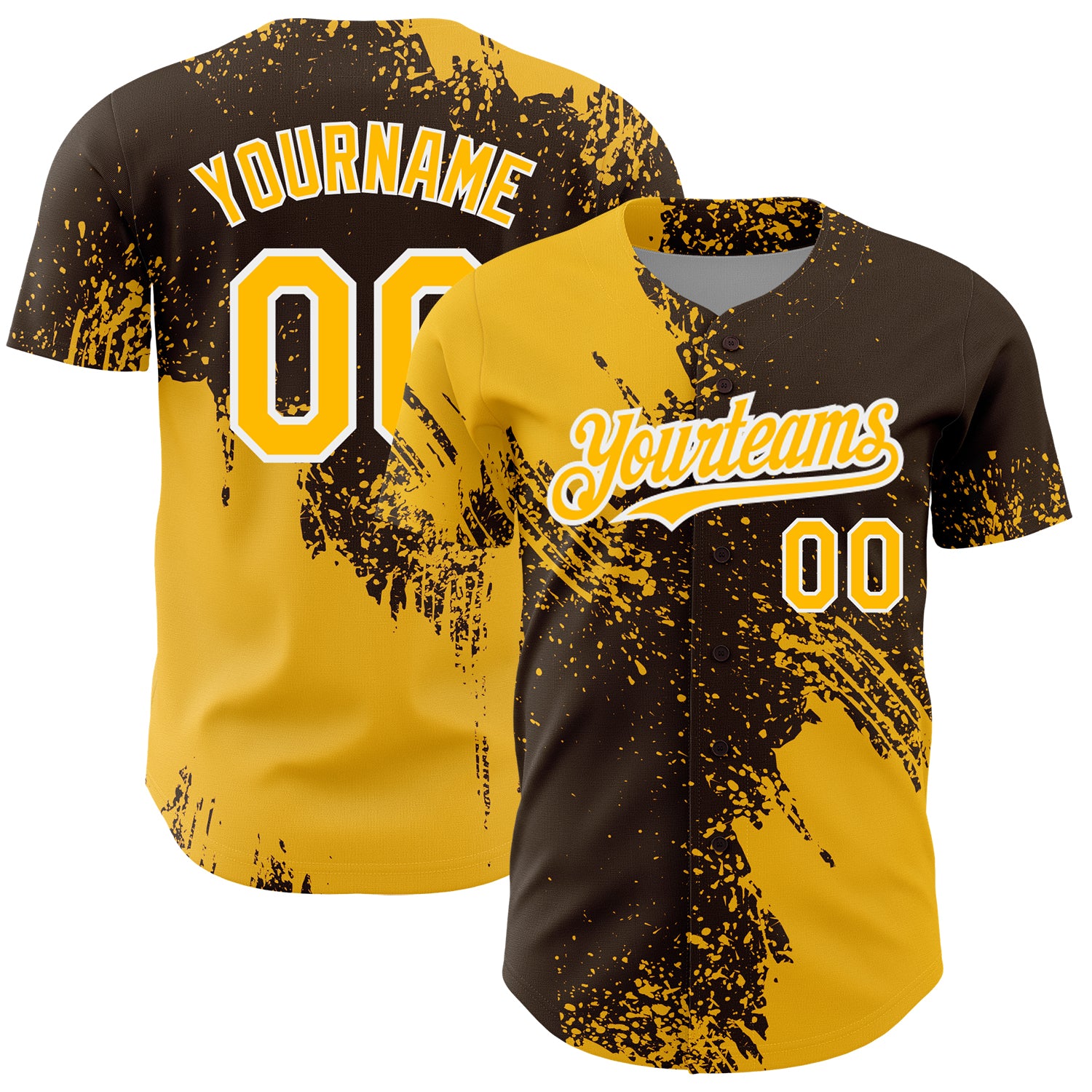 Custom Name Number Baseball Jersey with Personalized 3D Gold Brown White Abstract Brush Stroke Design Personalized Gold Brown-White