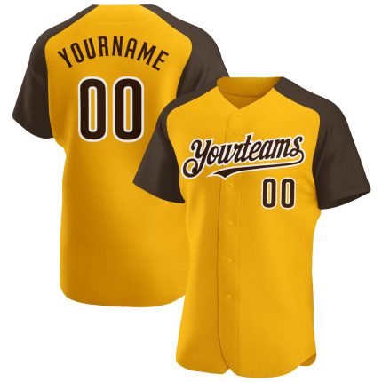 Custom Name and Number Personalized Baseball Jersey - Authentic Gold Brown-White Raglan Sleeves Personalized Gold Brown-White