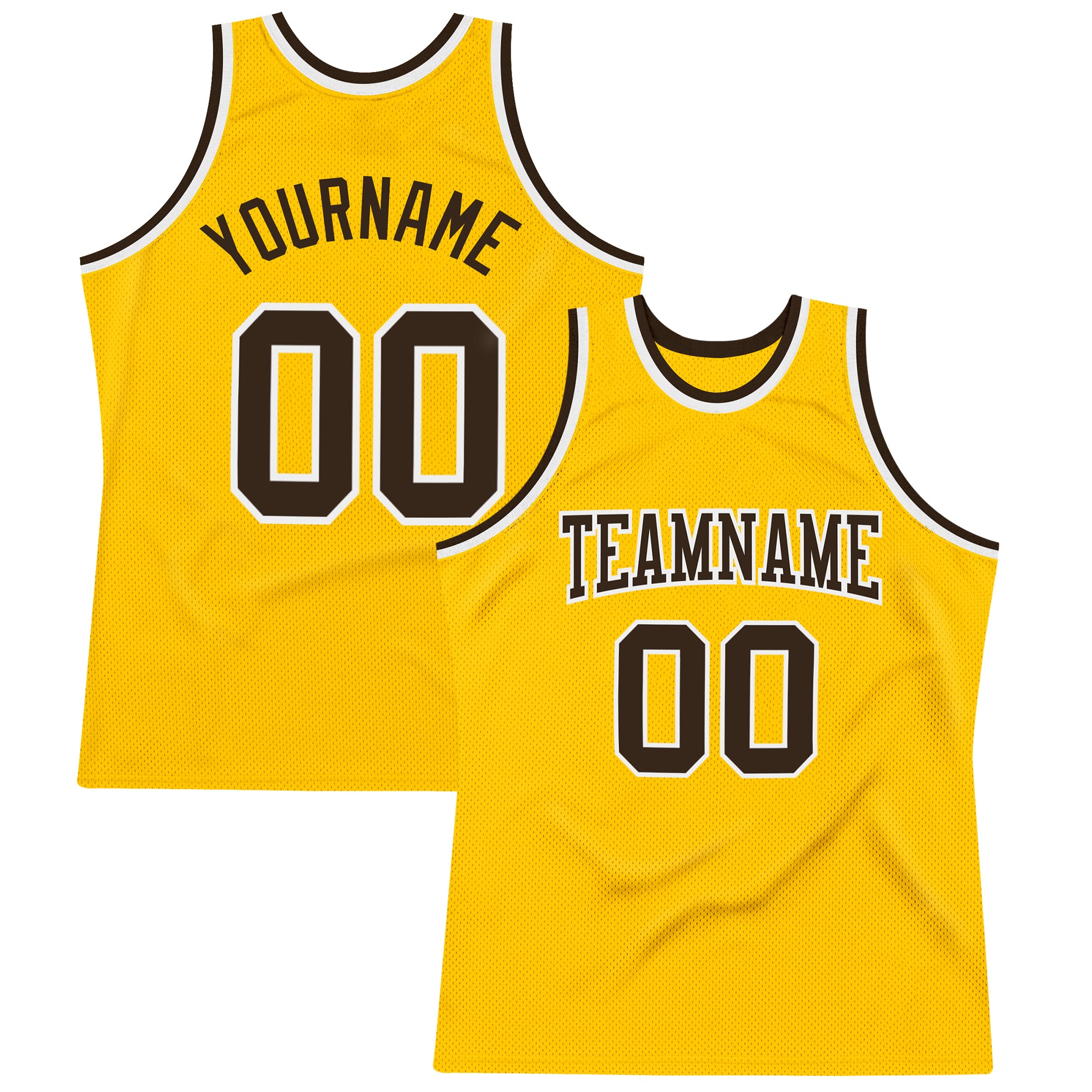 Custom Personalized Gold White Brown Basketball Jersey with Name & Number - Authentic Throwback Style Personalized Gold Brown-White