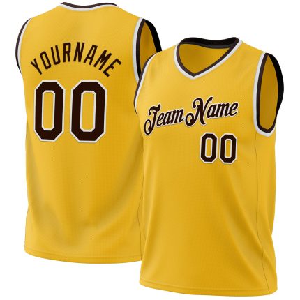 Personalized Gold Brown White Basketball Jersey Authentic Throwback Design Personalized Gold Brown-White Authentic Throwback