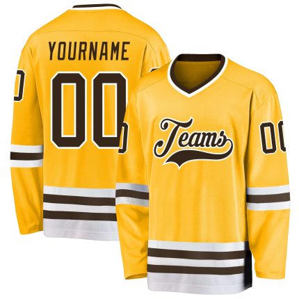 Custom Name and Number Personalized Hockey Jersey Gold Brown-White Team Jersey Personalized Gold Brown-White Hockey Jersey