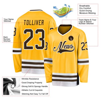 Custom Name and Number Personalized Hockey Jersey Gold Brown-White Team Jersey Personalized Gold Brown-White Hockey Jersey