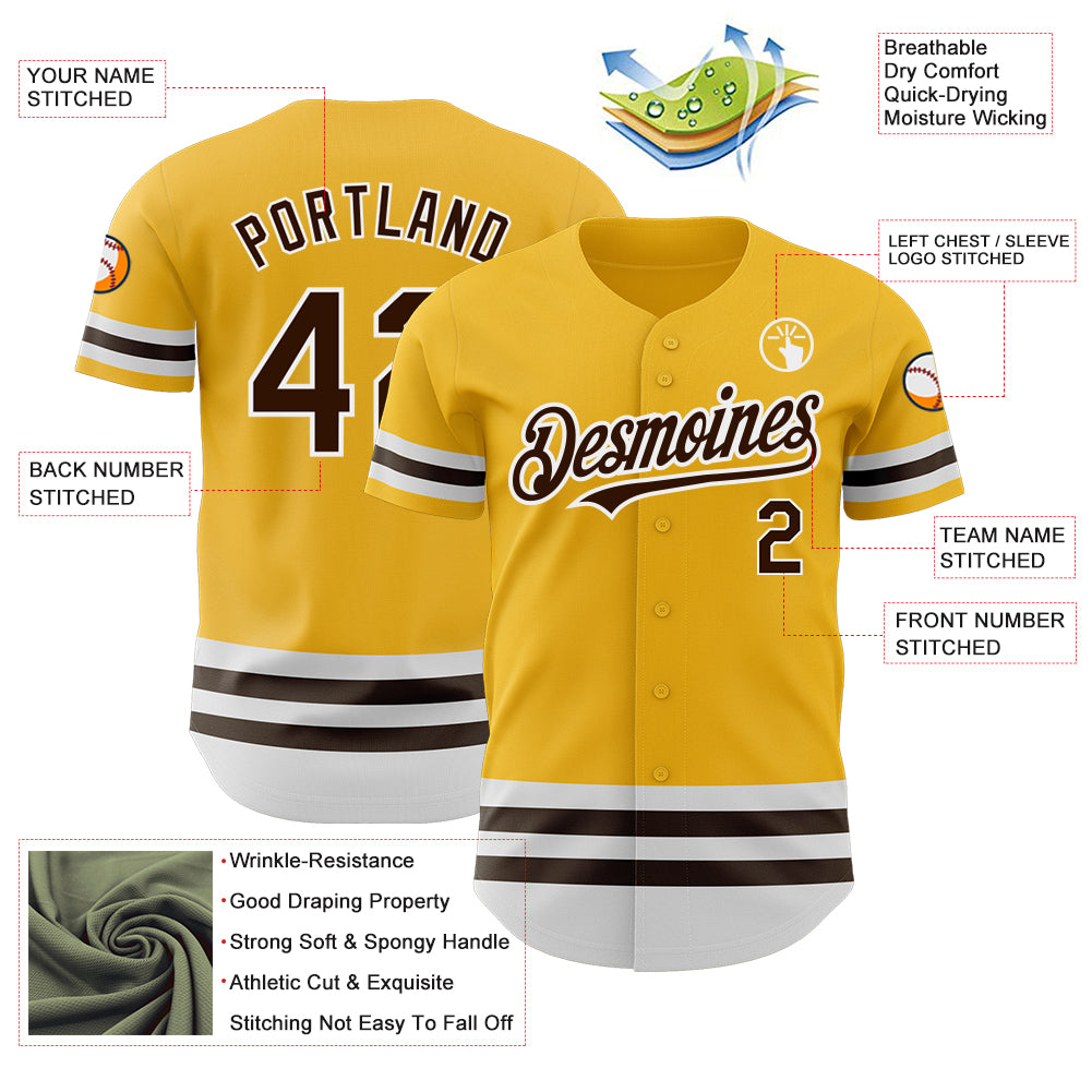 Personalized Gold Brown-White Line Authentic Baseball Jersey Team Custom Name and Number Custom Name and Number Personalized Baseball Jersey in Gold Brown-White Line, Authentic Team Apparel Personalized Gold Brown-White - Image 3
