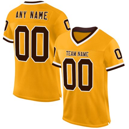 Custom Personalized Team Football Jersey - Gold Brown-White Mesh with Name & Number, Authentic Throwback Design Personalized