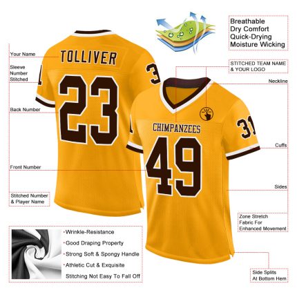 Custom Personalized Team Football Jersey - Gold Brown-White Mesh with Name & Number, Authentic Throwback Design Personalized