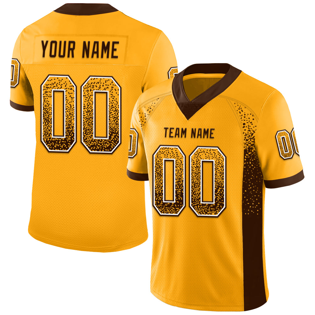 Custom Name and Number Football Jersey in Gold Brown White Mesh - Drift Fashion Team Apparel Personalized Gold Brown-White