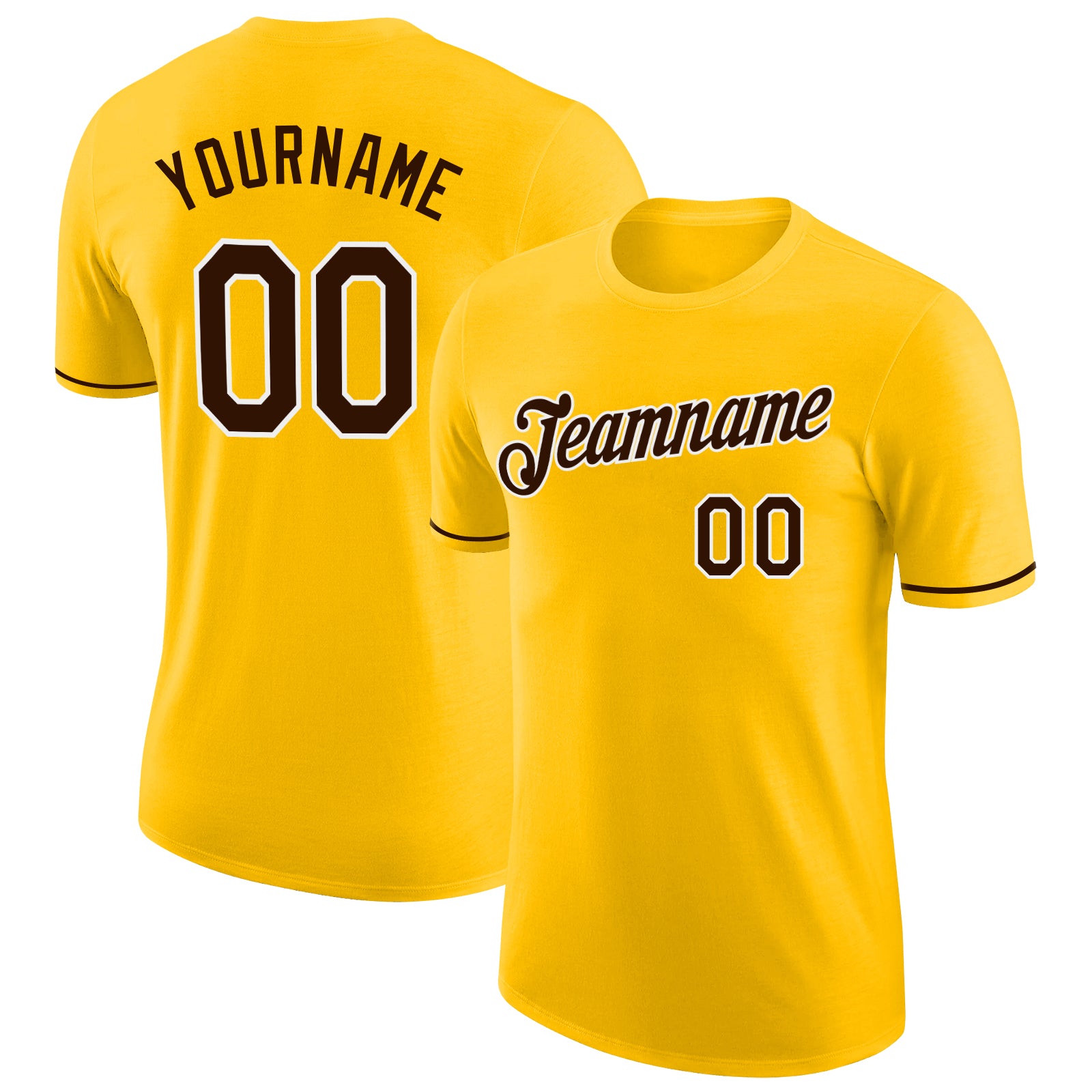 Custom Team Name Number T-Shirt - Personalized Brown-White Gold Performance Tee Personalized Gold Brown-White Performance