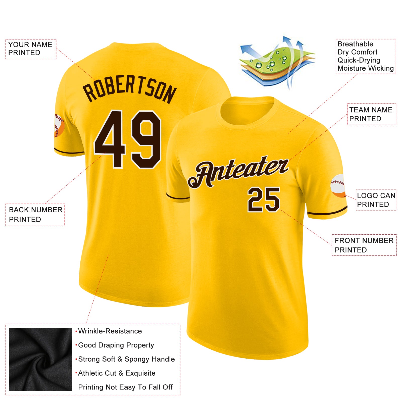 Personalized Gold Brown-White Performance T-Shirt Team Custom Name and Number Custom Team Name Number T-Shirt - Personalized Brown-White Gold Performance Tee Personalized Gold Brown-White Performance - Image 2