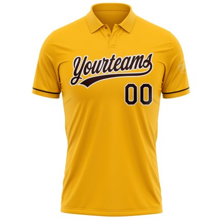 Custom Name Number Golf Polo Shirt - Personalized Gold Brown-White Vapor Performance Tee Personalized Gold Brown-White Performance
