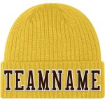 Custom Name Number Knit Hat - Personalized Gold Brown-White Stitched Cuffed Beanie Personalized Gold Brown-White Stitched