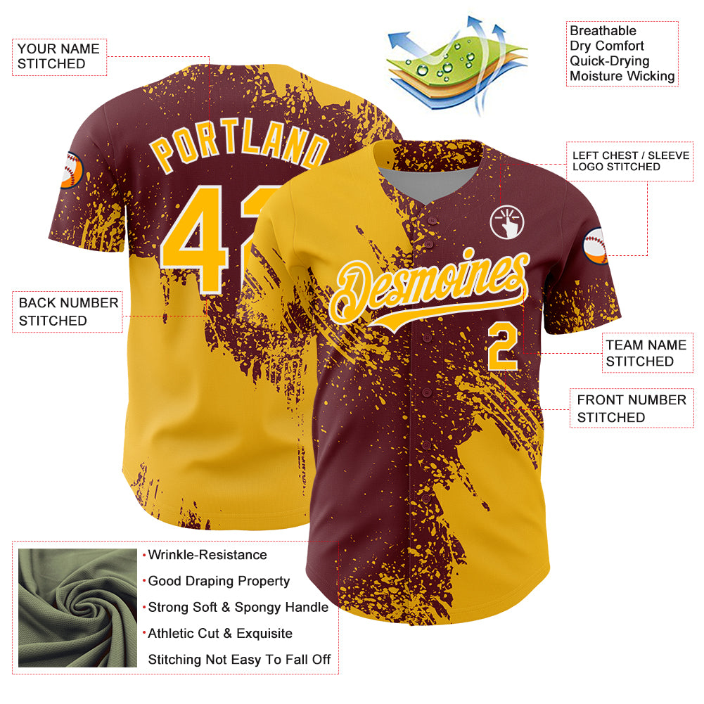 Personalized Gold Burgundy-White 3D Pattern Design Abstract Brush Stroke Authentic Baseball Jersey Team Custom Name and Number Custom Name Number Baseball Jersey - Personalized 3D Abstract Brush Stroke Design in Gold and Burgundy-White Personalized - Image 3