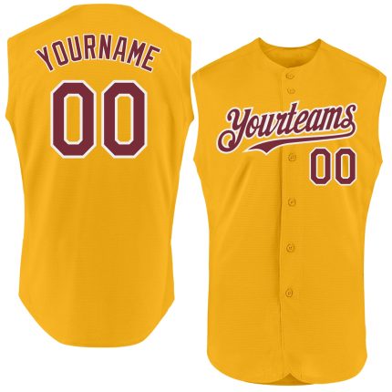 Custom Name and Number Personalized Gold Burgundy-White Sleeveless Baseball Jersey Authentic Team Apparel Personalized Gold