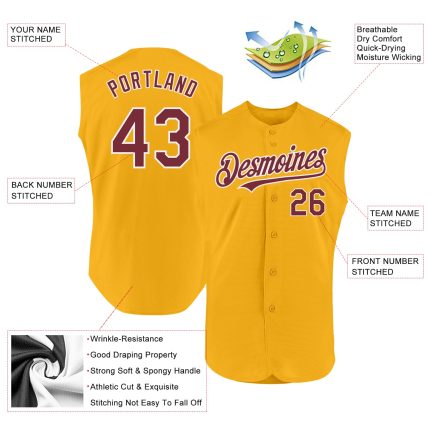 Custom Name and Number Personalized Gold Burgundy-White Sleeveless Baseball Jersey Authentic Team Apparel Personalized Gold