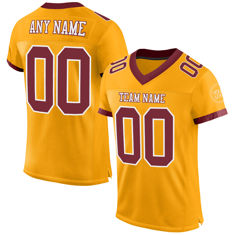 Personalized Gold Burgundy White Authentic Football Jersey - Custom Team Apparel Personalized Gold Burgundy-White Mesh Authentic
