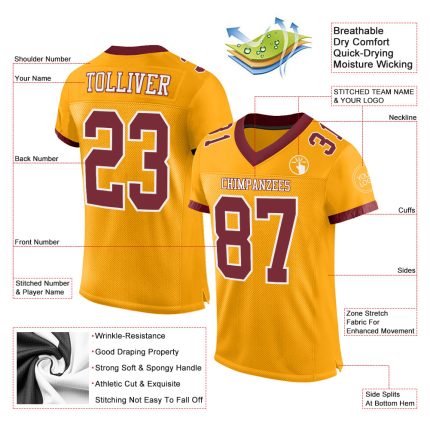 Personalized Gold Burgundy White Authentic Football Jersey - Custom Team Apparel Personalized Gold Burgundy-White Mesh Authentic