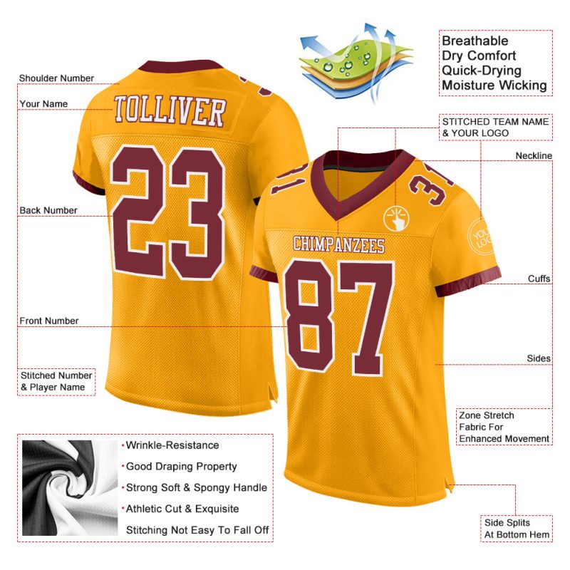 Personalized Gold Burgundy White Authentic Football Jersey - Custom Team Apparel Personalized Gold Burgundy-White Mesh Authentic