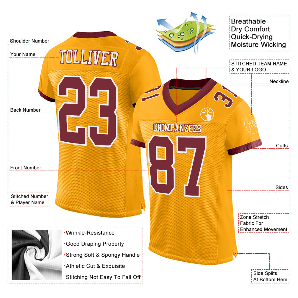 Personalized Gold Burgundy-White Mesh Authentic Football Jersey Personalized Gold Burgundy White Authentic Football Jersey - Custom Team Apparel Personalized Gold Burgundy-White Mesh Authentic - Image 2
