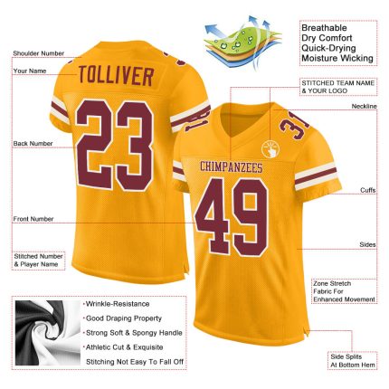 Custom Name Number Mesh Football Jersey - Personalized Gold Burgundy White Authentic Team Jersey Personalized Gold Burgundy-White